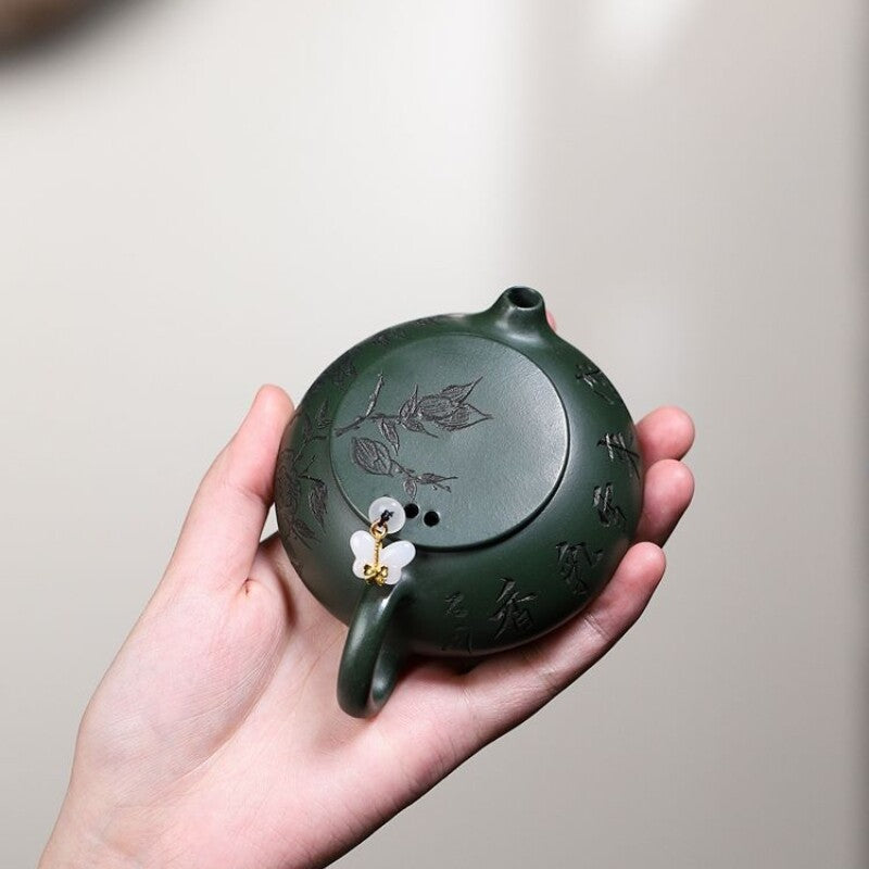 Full Handmade Tea Pot Floral Carved Real Yixing Zisha Green Clay Master Pot New