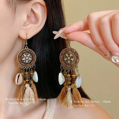 Bohemian Tassel Earrings - Shell Accent Maillard Tone Dangle Drops