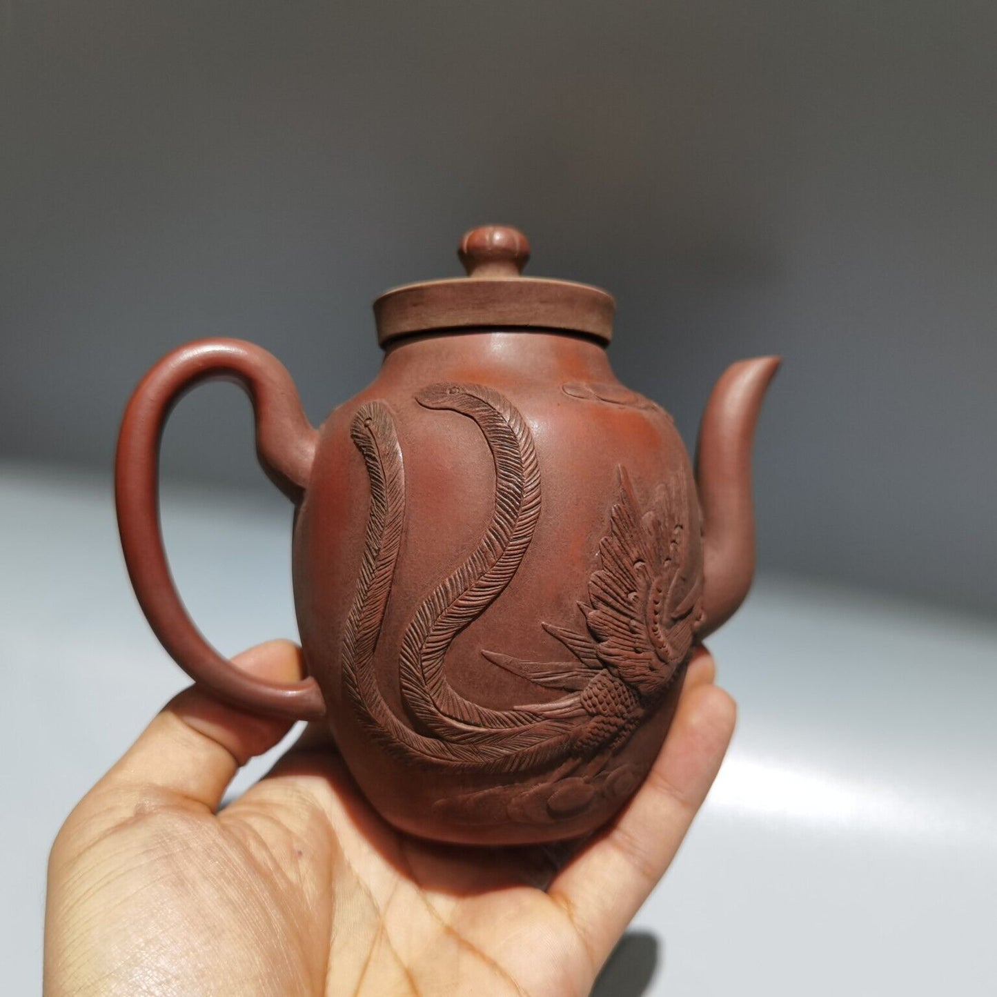 vintage chinese yixing purple clay teapot zisha ceremony carving dragon phoenix