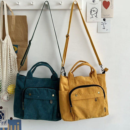 Corduroy Shoulder Tote Handbag Canvas Messenger Bags Zipper Simple Crossbody Bag