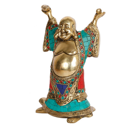 Feng Shui Laughing Buddha Standing on Tortoise Brass Statue Idol Home Decor