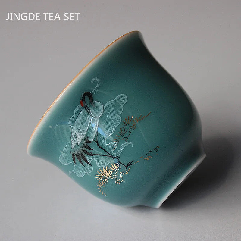 Color Glaze Crane Ceramic Teacup Tea Set Tea Ceremony Chinese