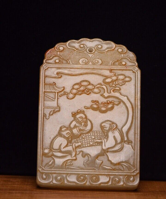 China Natural Hetian Jade Hand Carved Pine Figure Story Statues Pendant Jewelry