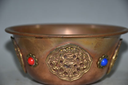 Vintage Nepalese Red Copper Bowl 4.92×2.17in Inlaid Gem 162g Butter Tea Cup