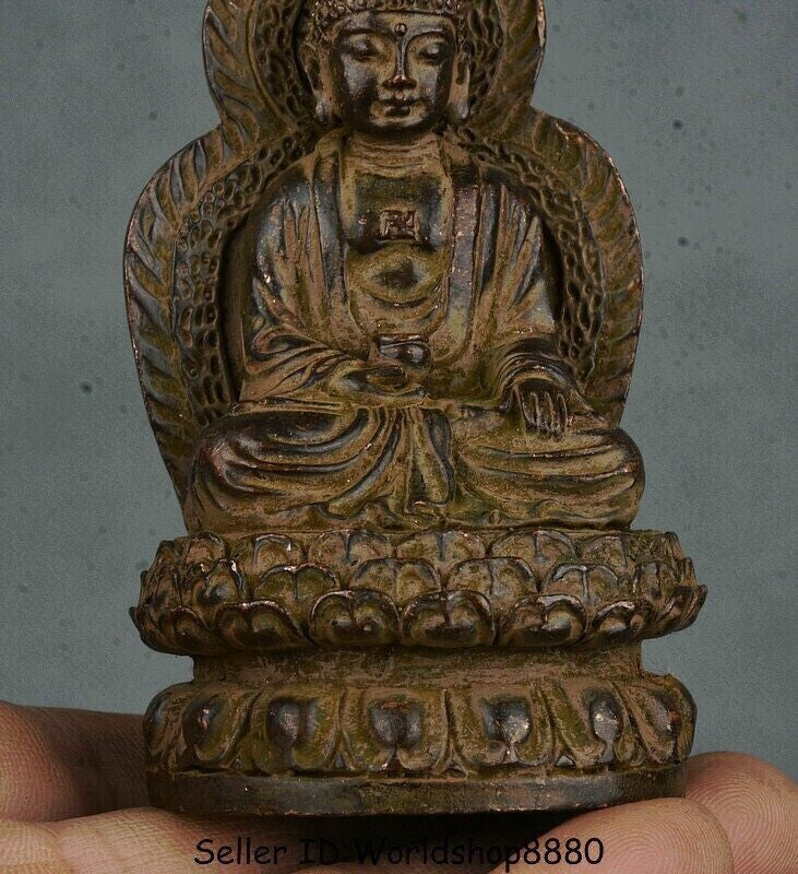 3.8" Old Tibet Buddhism Bronze Sakyamuni Tathagata Buddha Lotus Backlight Statue