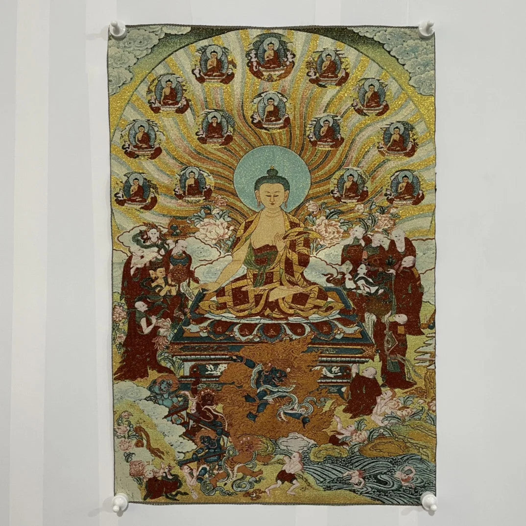 35" Tibetan Buddhism Embroidery Parinirvana Sitting Buddha Shakyamuni Thangka