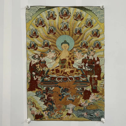 35" Tibetan Buddhism Embroidery Parinirvana Sitting Buddha Shakyamuni Thangka
