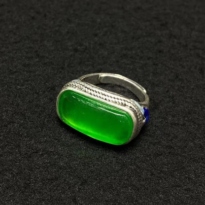 1Pc Tibetan Silver Inlaid Natural Jade Ethnic Style Ring Ring