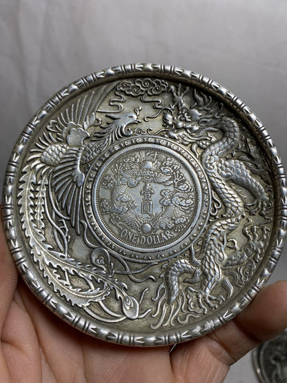 Rare one piece collect tibet silver copper handcarved dragon Phoenix plate