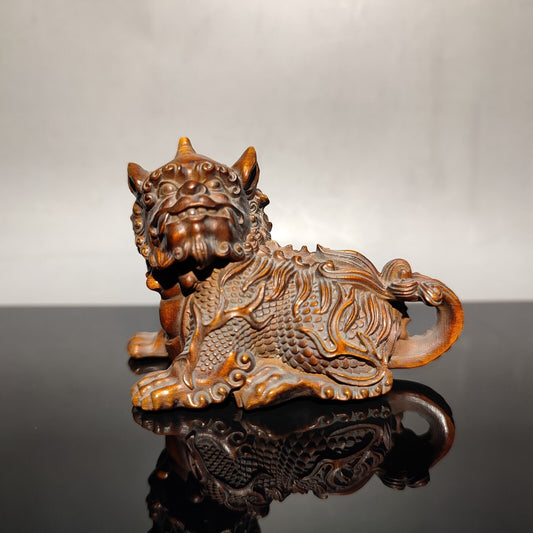 Rare Chinese Boxwood hand carved wooden kylin statue figure