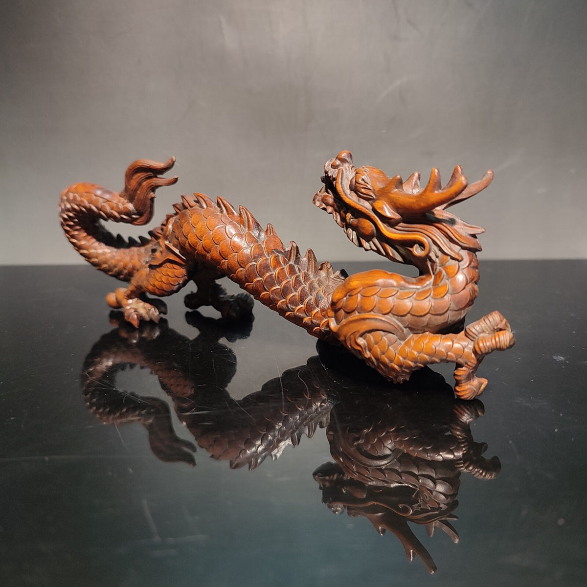 6.3" Wood carved Ornament chinese dragon statue fengshui Loong sculpture art