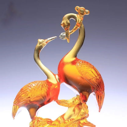 Chinese Liu Li Crystal Crane Statue Feng Shui Decor