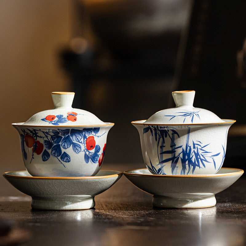 Gaiwan Ruyao Craft Crackle Glaze Porcelain Tureen With Saucer Lid Bamboo Print