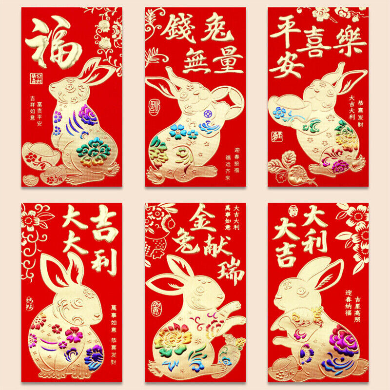 6pcs 2023 Chinese Year of Rabbit Red Envelope Spring Festival Money Packing Bags