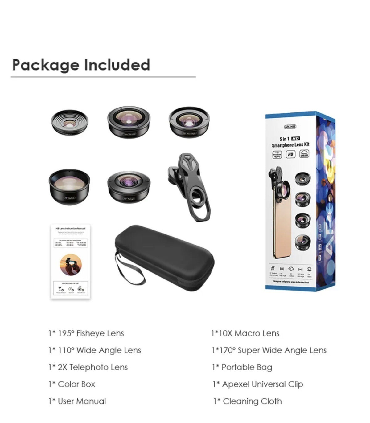 HD 5 in1 camera phone lens kit 4K wide angle macro telescope mobile fisheye lens