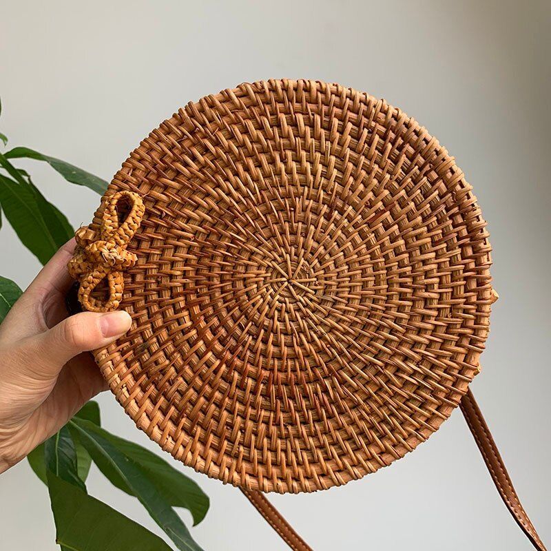 Straw Bag Round Woven Handmade Summer Polyester Crossbody Shoulder Bag Polyester