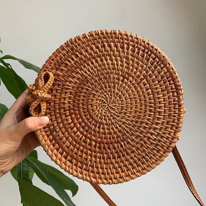 Straw Bag Round Woven Handmade Summer Polyester Crossbody Shoulder Bag Polyester