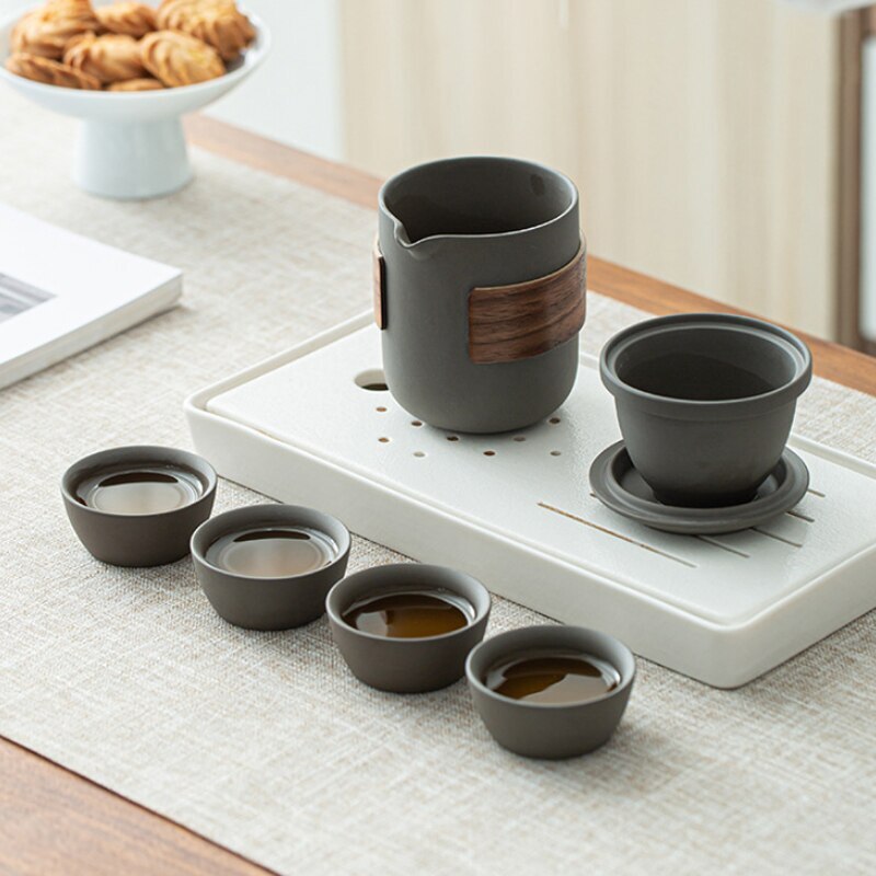 Kung Fu Tea Set Purple Clay One Pot Four Cups Portable Outdoor Travel Tea Set