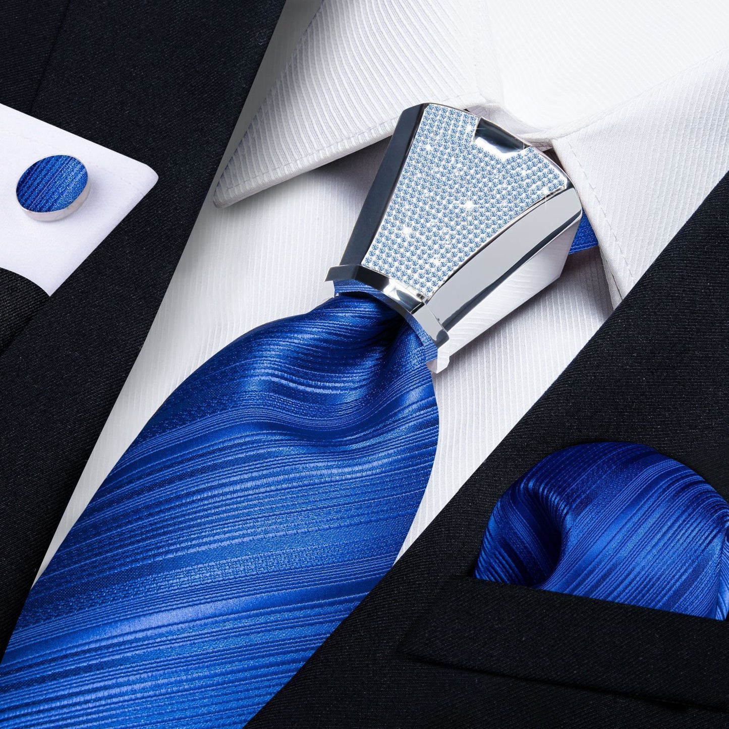 Men Necktie 3Pcs Luxury Striped Ties Cufflinks Pocket Square Wedding Accessories