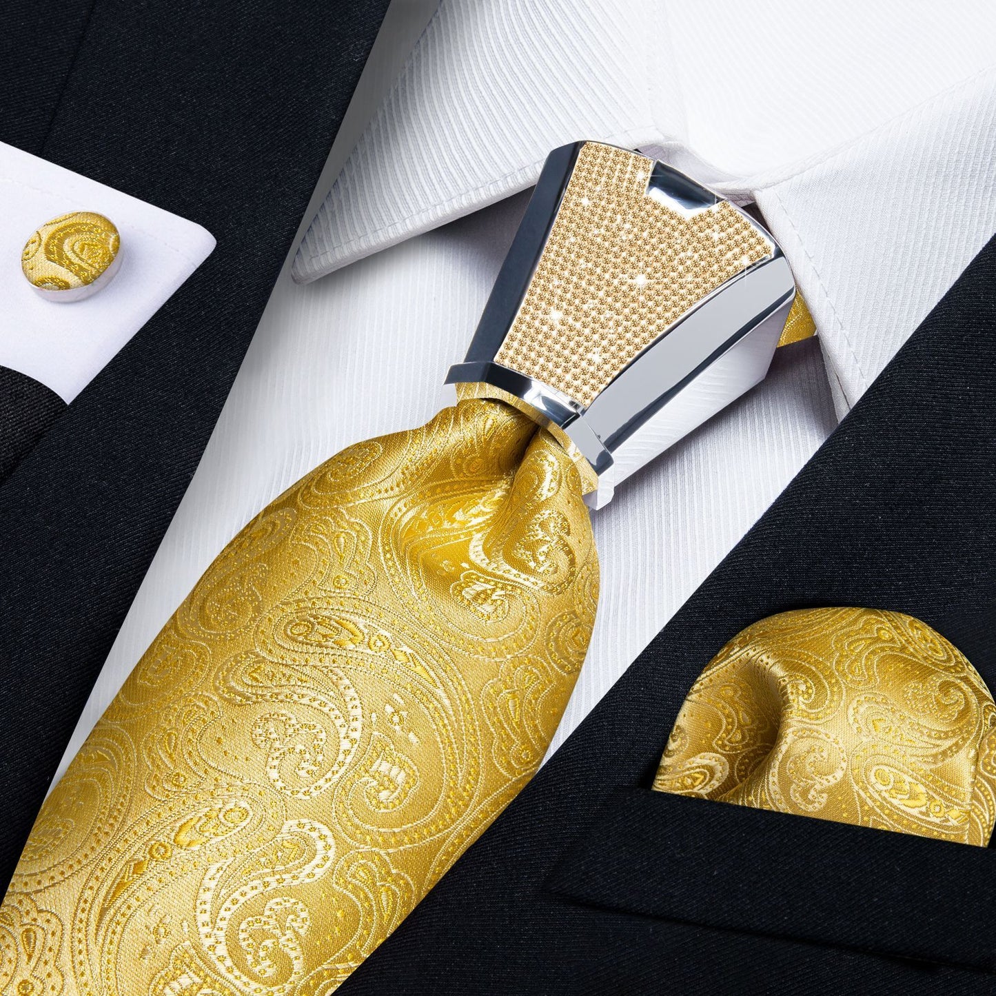 Men Necktie 3Pcs Luxury Striped Ties Cufflinks Pocket Square Wedding Accessories