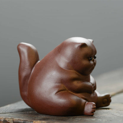 Chinese Yixing Zisha Pottery Purple Clay Animal Small Fat Cat Tea Pet Statue