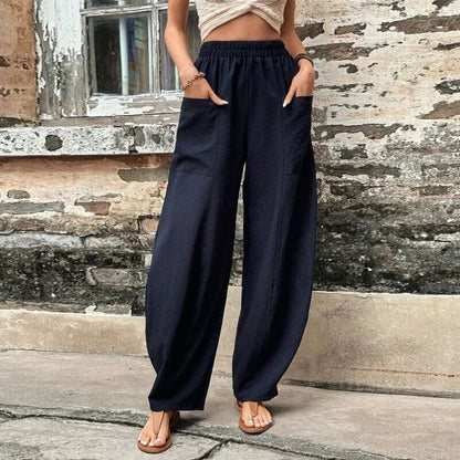 Women Summer Ice Silk Pocket Wide Leg Baggy Pants Elastic High Waist Trousers