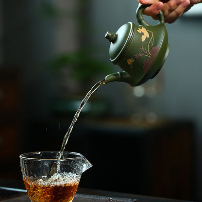 5.4" Yixing Zisha Pottery Green Clay Handmade Lotus Flower Bamboo Tea Pot Teapot