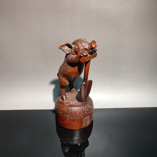 chinese carved wooden cute pig Statue wood decor modern home Gift laborious art