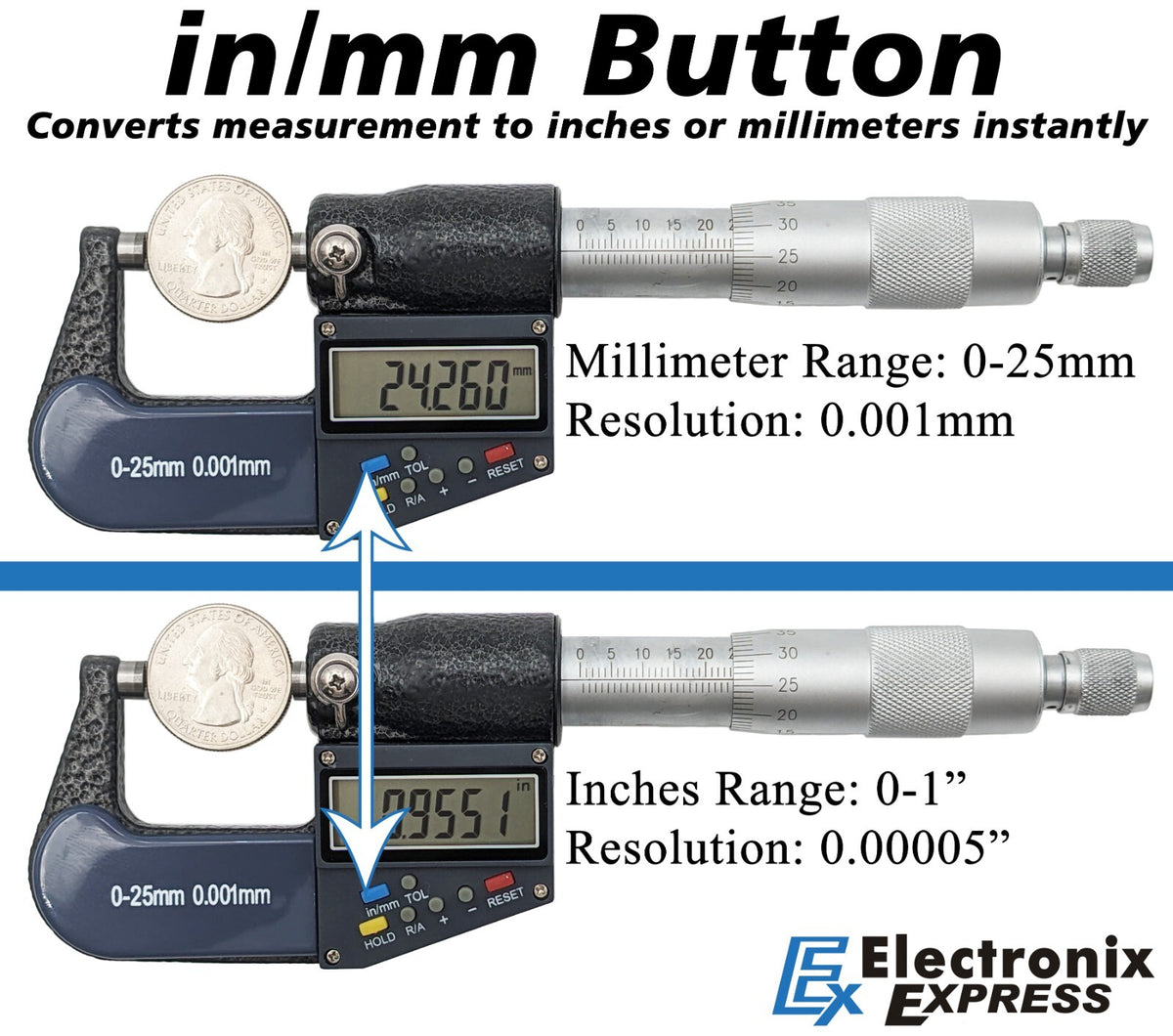 0-25mm (0-1") Digital Micrometer with 6 Digit LCD Display, 0.001mm Resolution