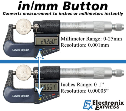 0-25mm (0-1") Digital Micrometer with 6 Digit LCD Display, 0.001mm Resolution