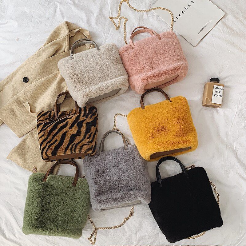 Fluffy Tote Bag Sling Chains Shoulder Strap Crossbody Faux Fur Bucket Handbag