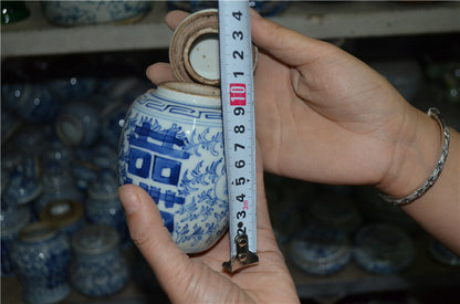 10cm Old China Handwork Blue and White Porcelain Vase Double Happiness