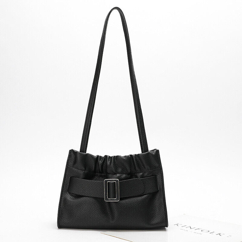 Real Leather Oversize Buckle Scrunchy Ruched Clutch Shoulder bag Crossbody Purse