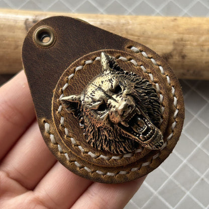 Genuine Leather Brass Wolf Head Key Fob Access Card Holder ≤3.2cm