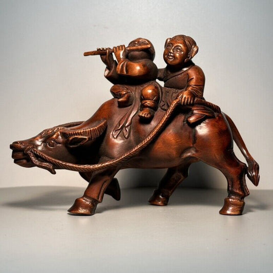 Vintage Wooden Carving Children Cattle Statue Ornament Boxwood Sculpture Artwork