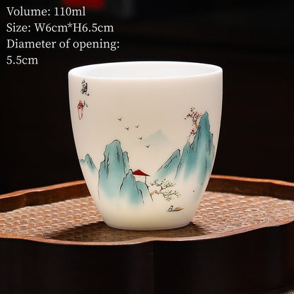 One Cup Fat Mutton Jade Porcelain Kungfu Tea Cup Mountain River Print Mug 110ml