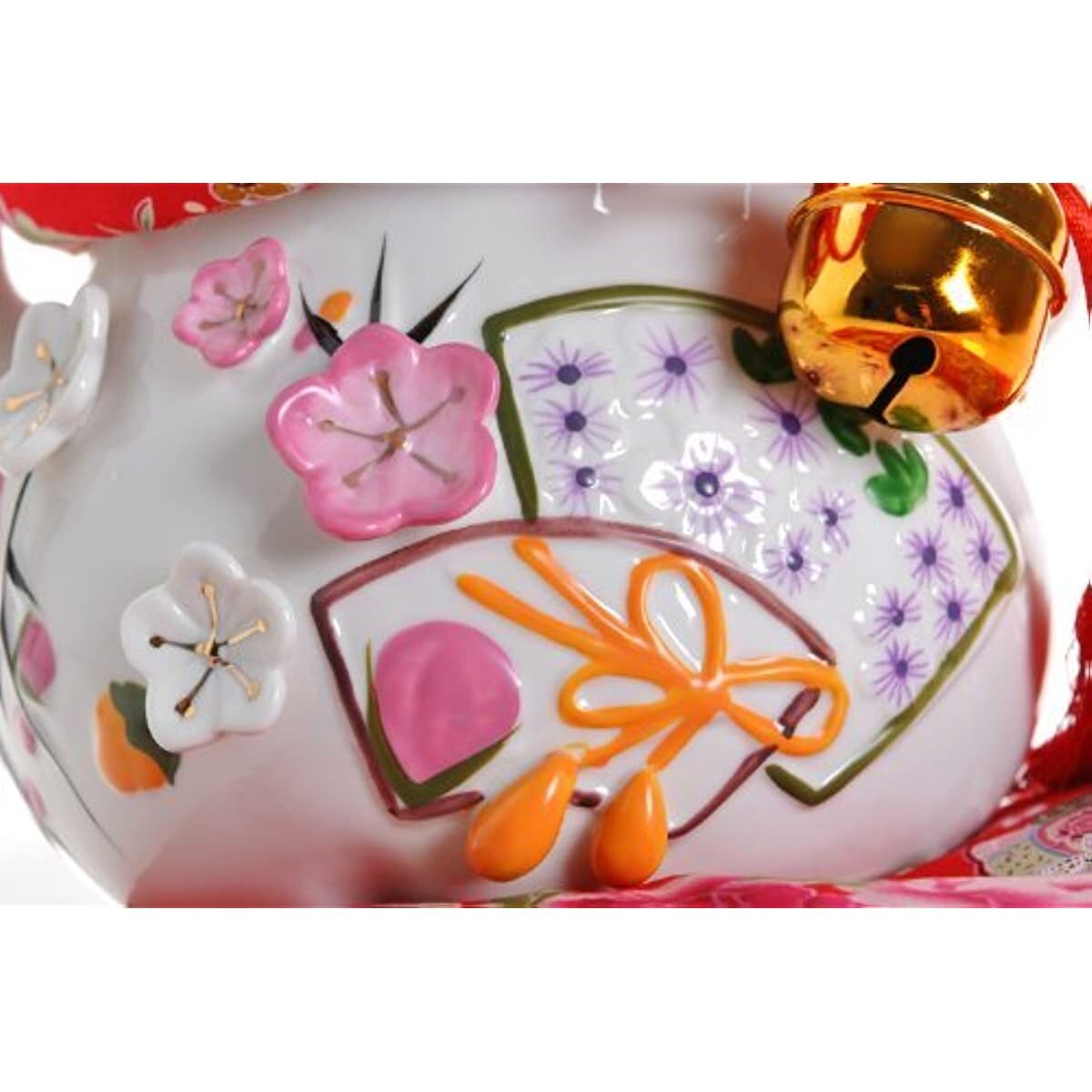5.9" Maneki Neko Japanese Lucky Cat Two Bells Ornately Decorated Ornaments