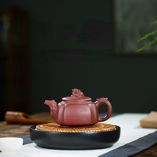 China Yixing Zisha Pottery Purple Clay Handmade 300cc Four Sides Dragon Teapot