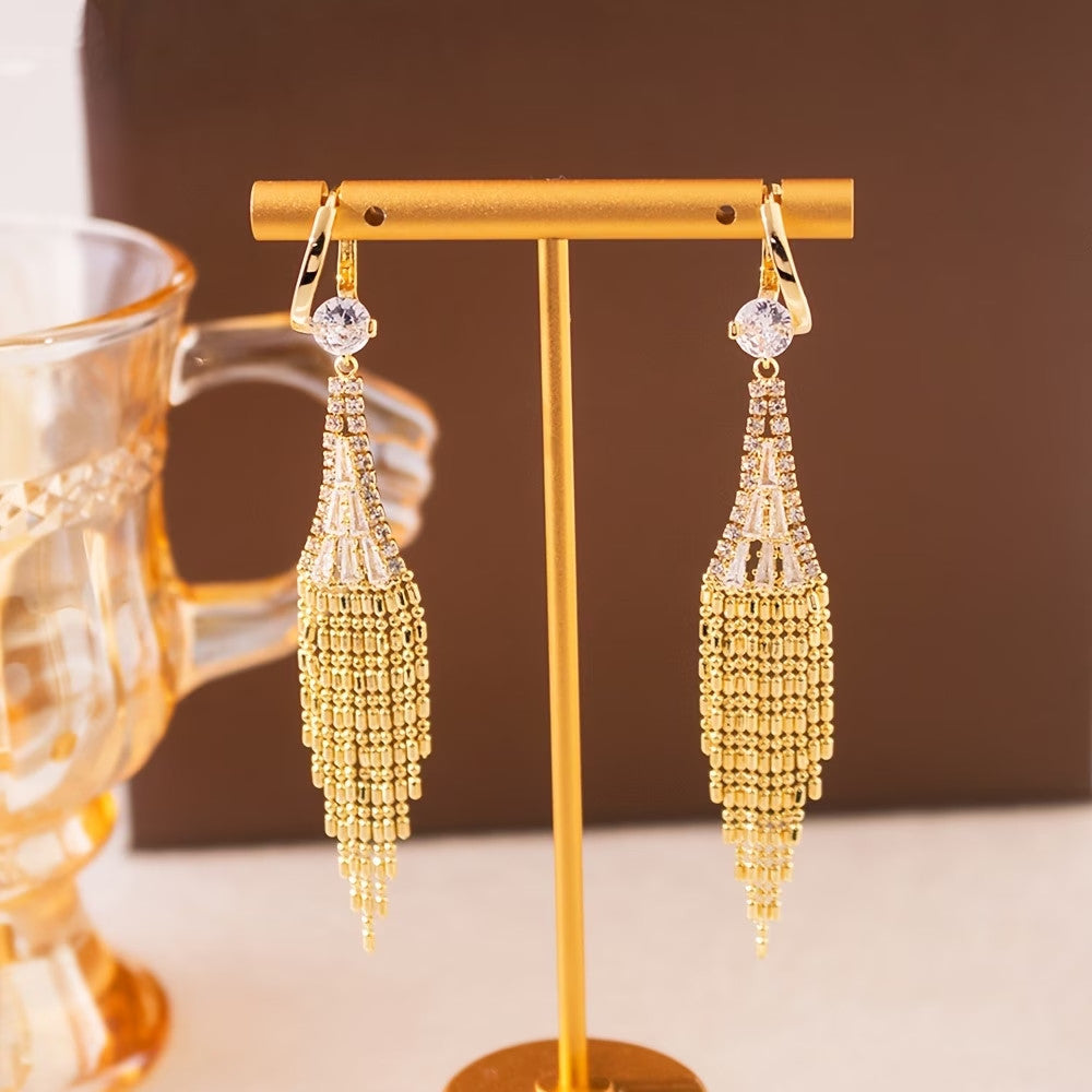 Glamorous Sparkling Tassel Dangle Earrings - Paved with Radiant Zirconia