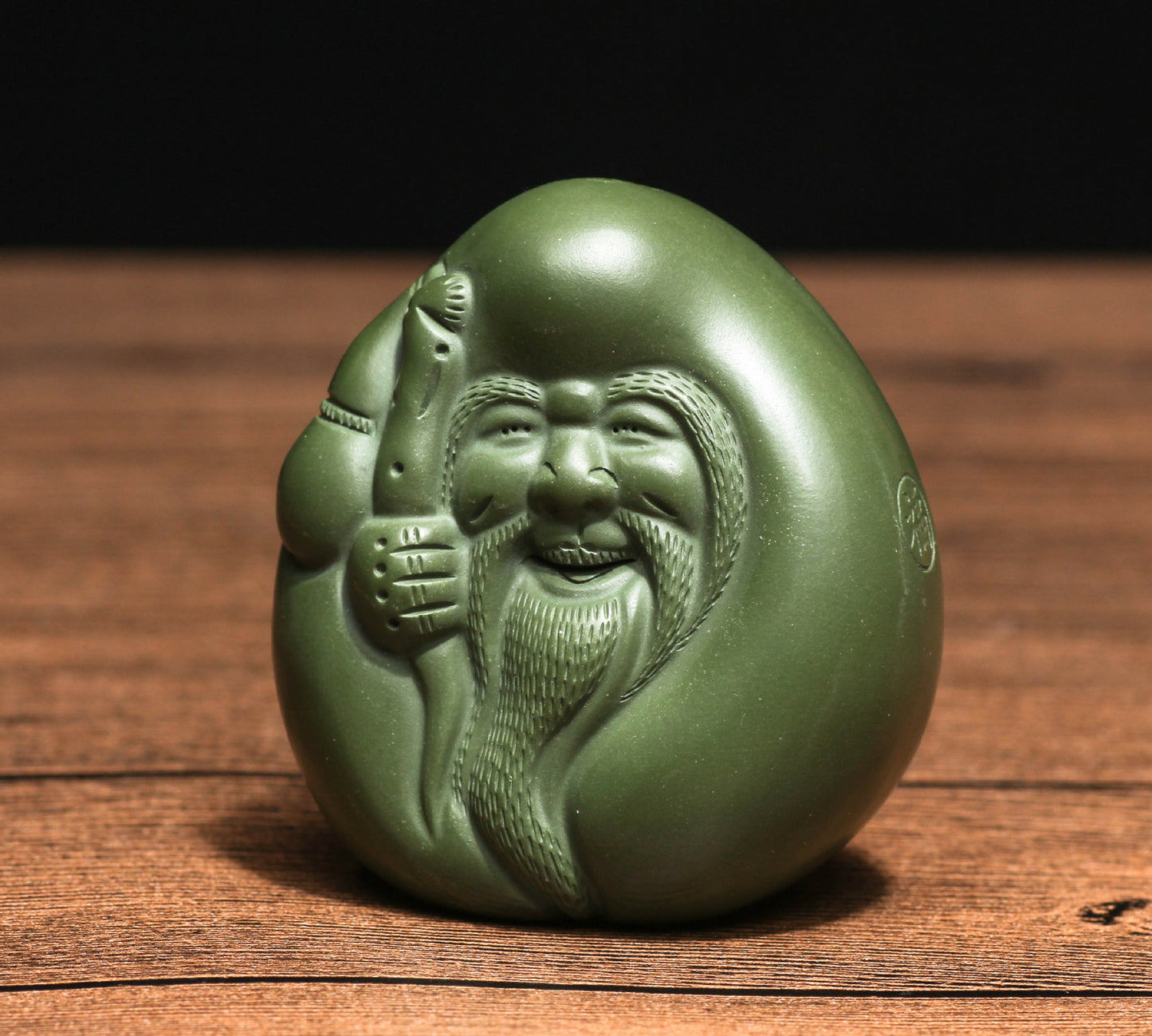 Chinese Yixing Zisha Tea Pet Statue Pottery Green Clay Longevity God Lid Pallet