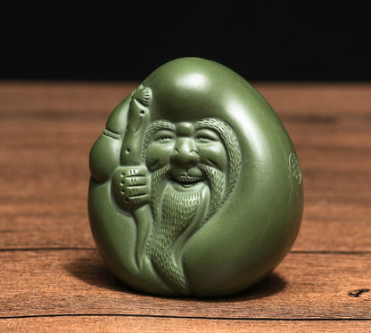 Chinese Yixing Zisha Tea Pet Statue Pottery Green Clay Longevity God Lid Pallet