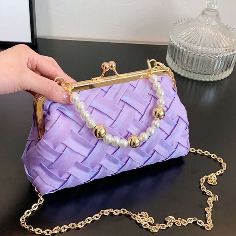 Luxury Shoulder Bag Fashion Pearl Chain Handbag Ribbon Weave Purse Crossbody Bag