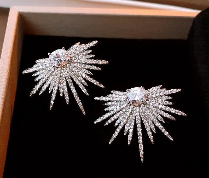 Starburst Crystal Silver Stud Earrings Spike Earrings New Luxury High Quality