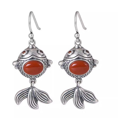 Retro Goldfish Earrings Red Garnet Inlay New Chinese Style Dangle Drops