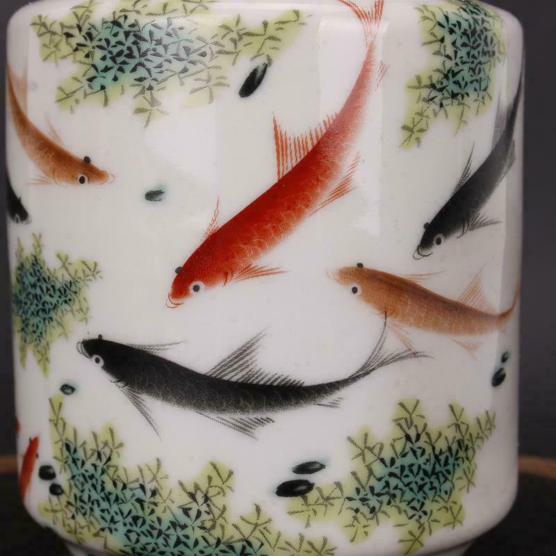 Vintage Antiques Handmake Porcelain Pastel Fish Pattern Tea Leaf Jar Qq32