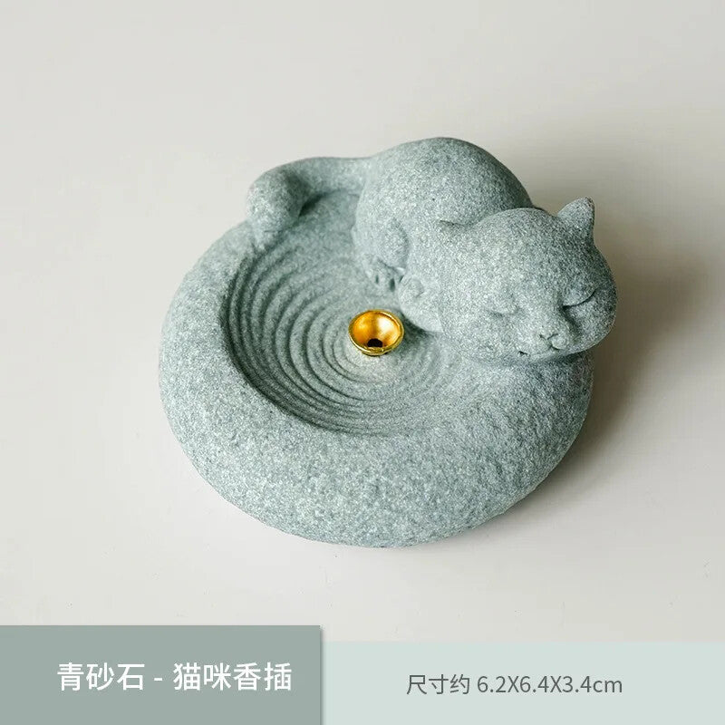 Green Sandstone Cute Cat Incense Holder Cute Rabbit Incense Burner Zen Decor