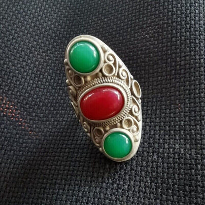 Old Chinese tibet silver inlay Red green gem handmade Ring