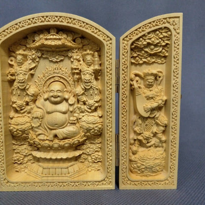 Chinese exquisite boxwood hand-carved Maitreya statue folding ornaments