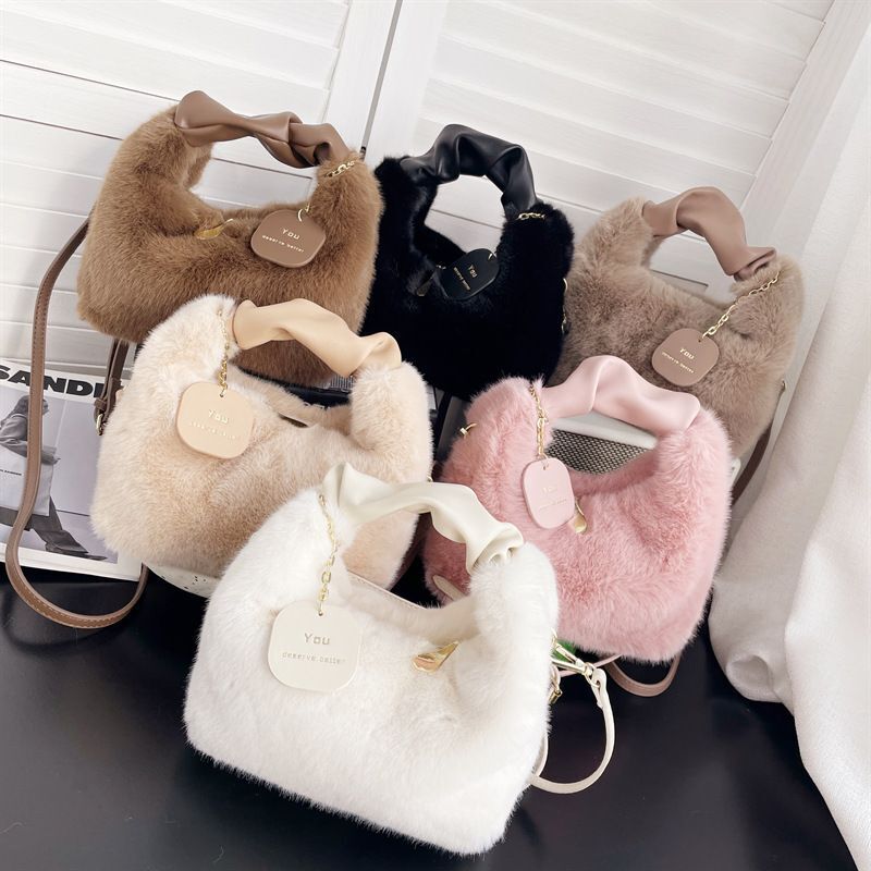 Soft Faux Fur Bag Synthetic Leather Handle Pleated Warm Plush Bags Crossbody 1PC