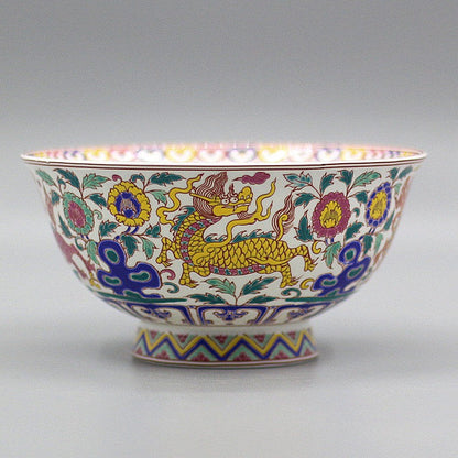 Chinese Famille Rose Porcelain Qing Qianlong Unicorn Kylin Flowers Design Bowl